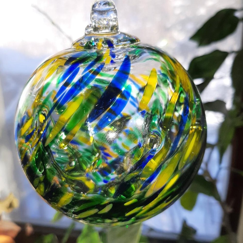 Hanging Glass Ball 4" Diameter Blue, Green & Yellow Witch Ball (1) GB6